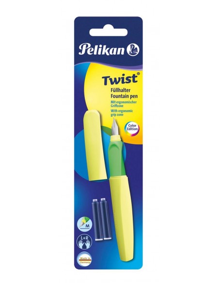 Nalivno pero Pelikan Twist + 2x črnilni vložki, Neon rumeno, na blistru