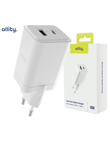 USB polnilec Allity ATC-01 GaN 45W USB-C/A, bel
